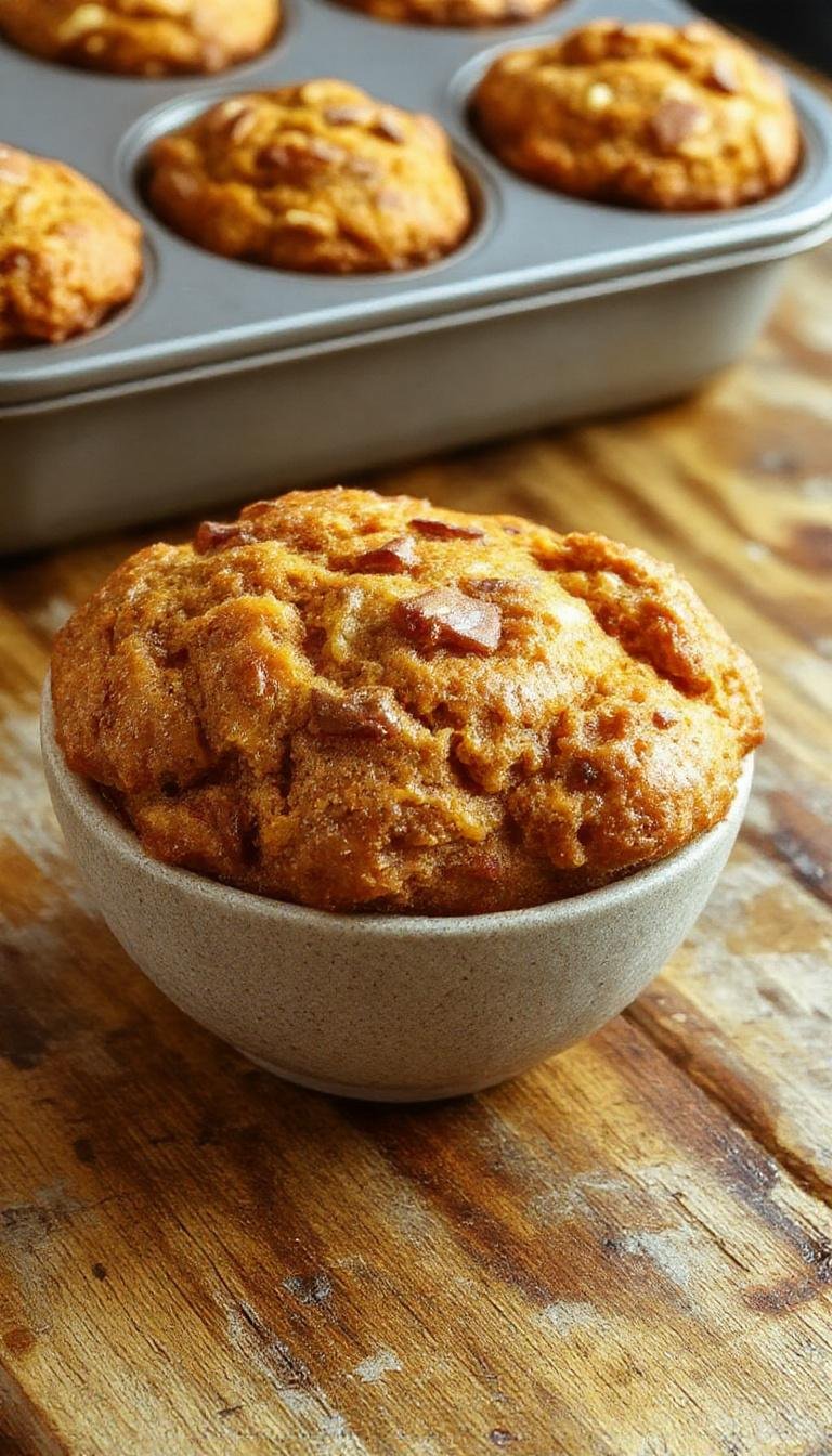 Golden-brown pumpkin muffins atop a rustic wooden platter, with a cracked-open muffin revealing a moist, spiced interior and a light dusting of cinnamon.