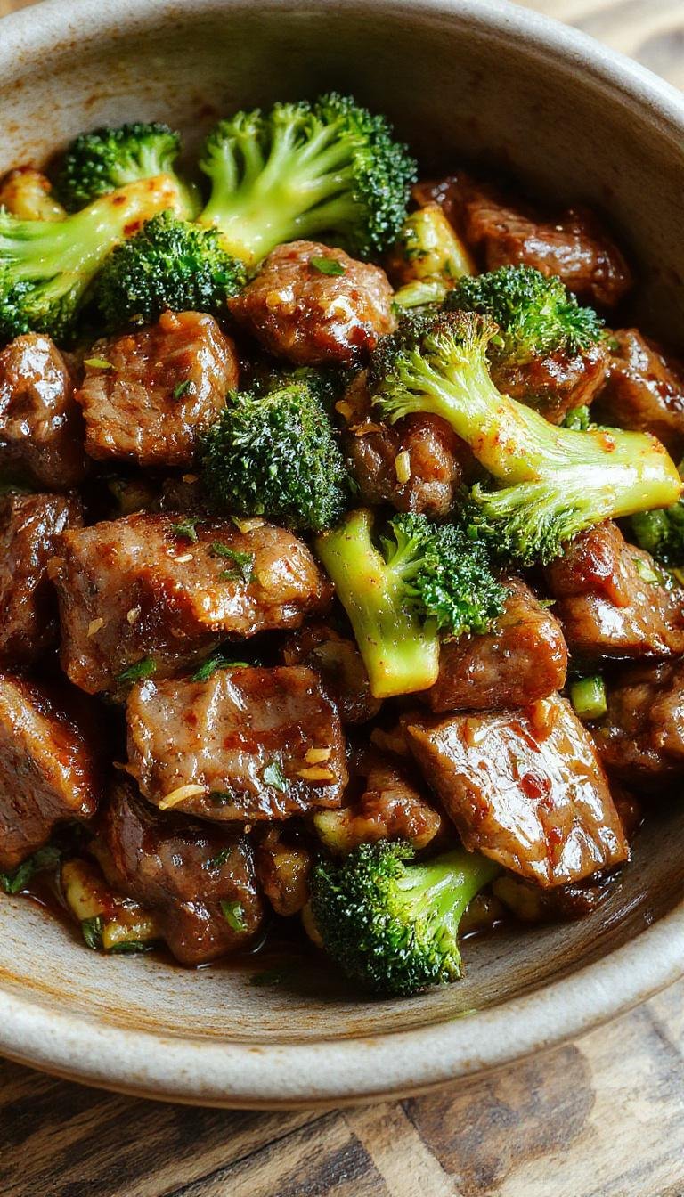 A vibrant serving of Chinese beef and broccoli on a white ceramic plate, featuring tender beef strips coated in a glossy brown sauce, fresh bright green broccoli florets, garnished with sesame seeds and chopped green onions. The dish is arranged neatly, emphasizing the colorful ingredients and appealing textures, set against a clean, neutral background.