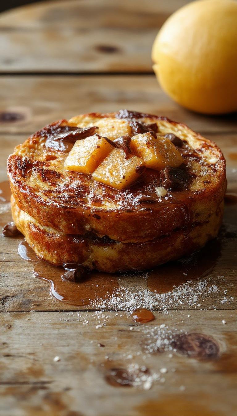 A plated serving of golden-brown pumpkin French toast topped with whipped cream, a sprinkle of cinnamon, and fresh orange slices. The dish is presented on a rustic white plate with a drizzle of maple syrup, surrounded by autumn-themed decorations and a cozy background.