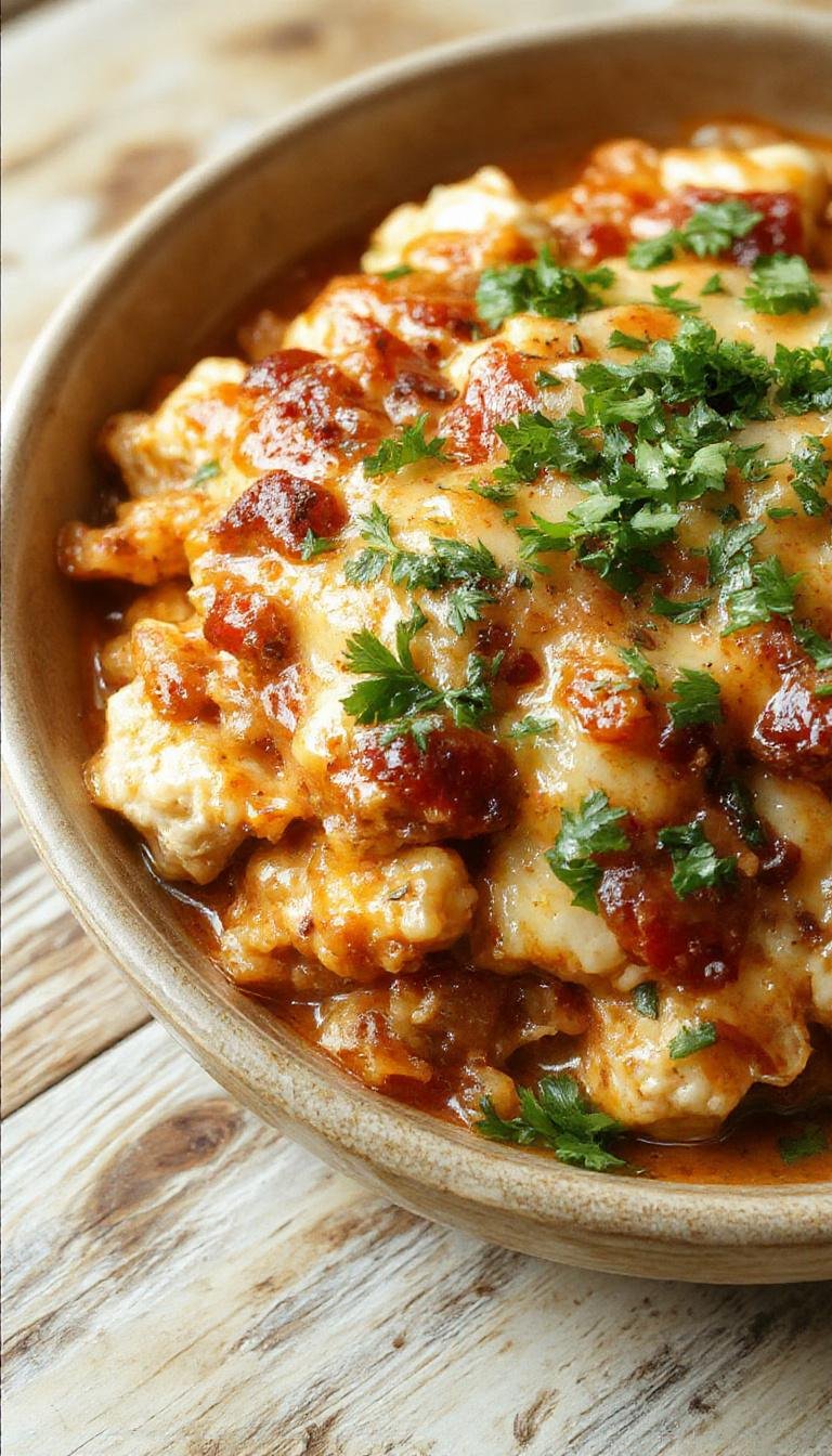 A hearty chicken enchilada casserole served in a rustic ceramic dish, topped with melted cheese, sliced jalapeños, and fresh cilantro, with side of tortilla chips