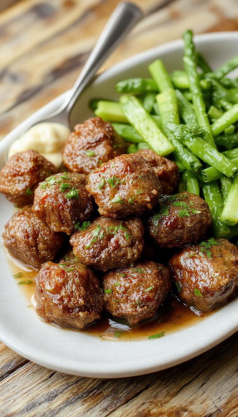 A close-up of golden-brown beef bites coated in rich garlic butter sauce, arranged on a rustic platter with fresh herbs and steamed vegetables in the background, highlighting their tender texture and glossy glaze.