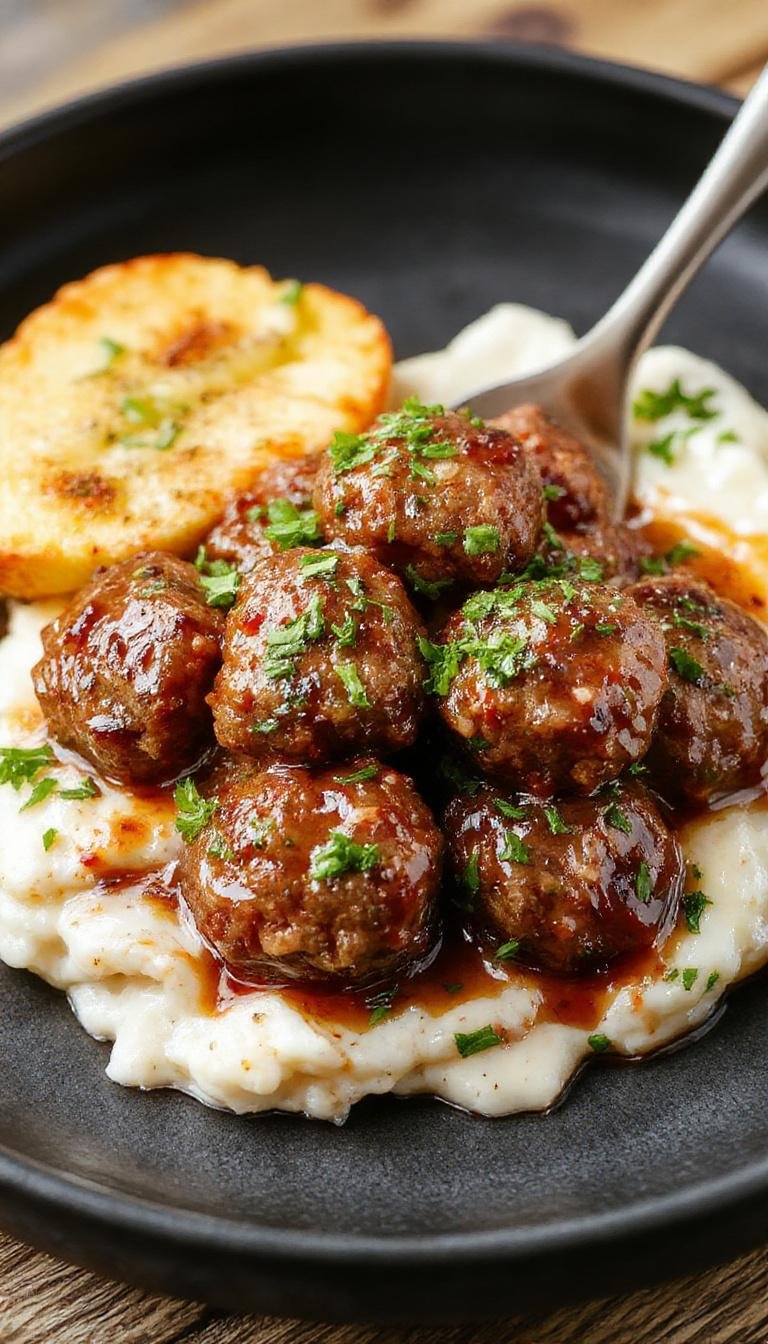 A rustic bowl filled with golden-brown Salisbury steak meatballs in a rich gravy, garnished with fresh herbs, surrounded by mashed potatoes and green vegetables on a wooden table.