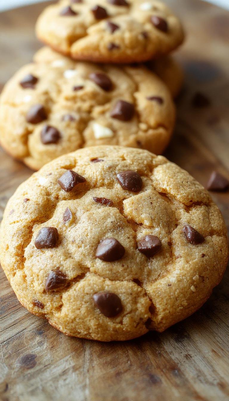 A close-up image of a stack of soft, chewy vegan pumpkin cheesecake cookies with a light golden-brown exterior, speckled with hints of pumpkin and cinnamon. The cookies are set on a rustic wooden plate, with a few broken pieces revealing their creamy pumpkin filling inside. The background features a cozy fall-themed setting with autumn leaves and a warm, inviting atmosphere.