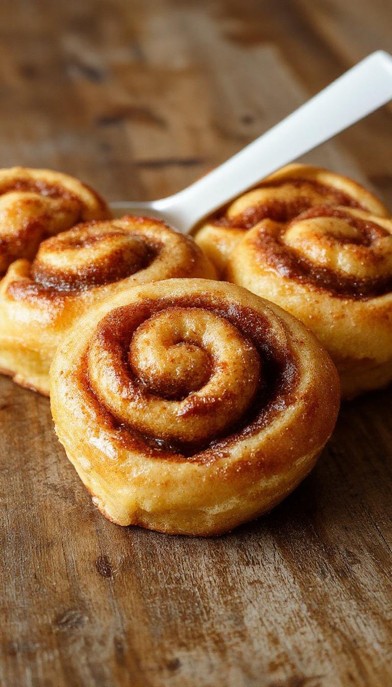 A close-up of golden-brown pumpkin cinnamon rolls topped with a creamy icing, arranged on a rustic wooden platter. The rolls display a fluffy, swirled interior filled with pumpkin and cinnamon, with a hint of fall spices visible in the swirls and icing drizzled over the top.
