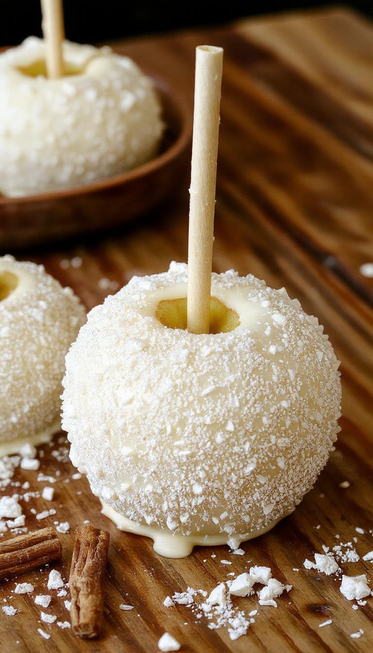 A close-up view of a glossy white candy apple coated with shimmering edible glitter, mounted on a wooden stick, with a blurred festive background. The apple's smooth surface contrasts with the sparkle accents, highlighting its elegance and festive appeal.