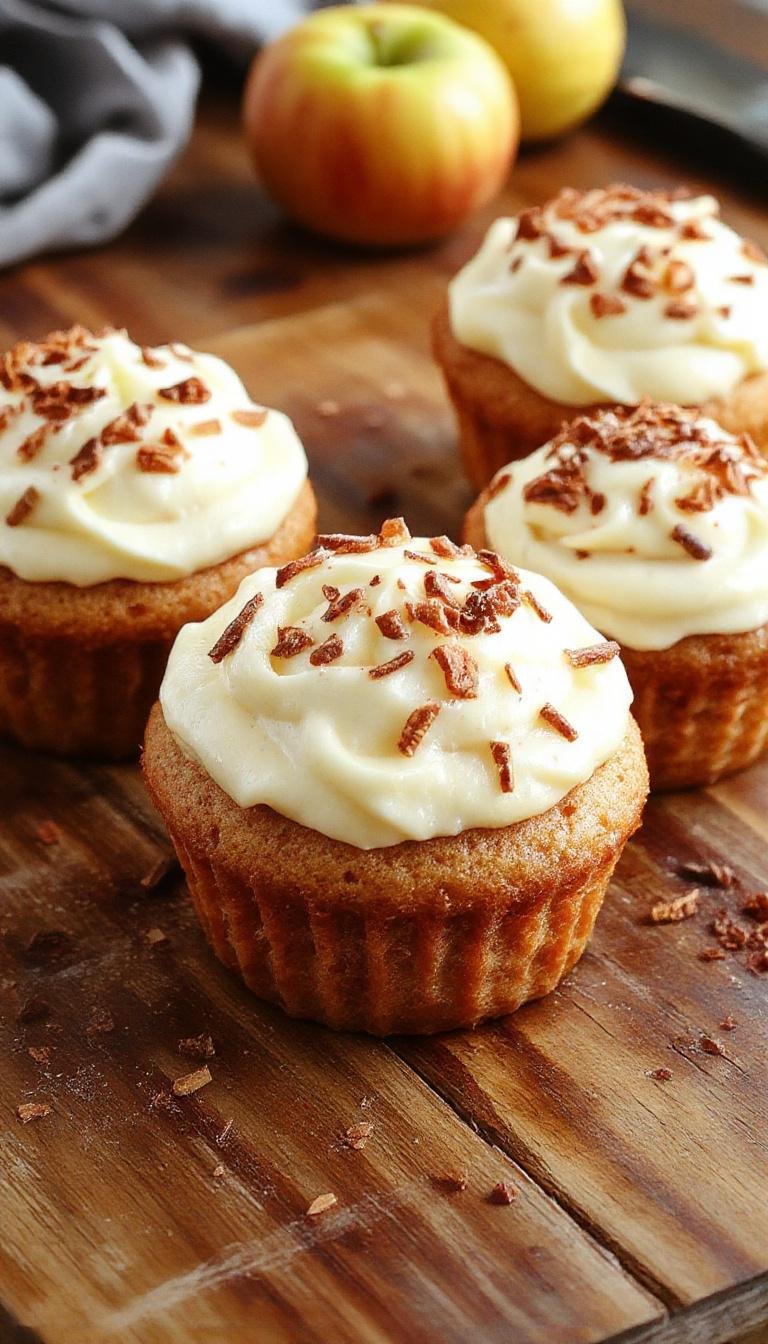 A close-up of two golden-brown cupcakes topped with creamy ivory buttercream frosting sprinkled with cinnamon and nutmeg, garnished with small apple slices and a drizzle of caramel, presented on a rustic wooden plate with a cozy fall-themed background.