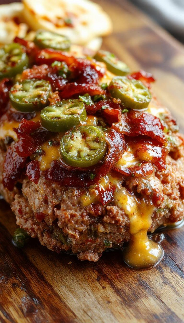 A close-up of a sliced jalapeño popper meatloaf topped with crispy bacon strips, revealing a moist interior with melted cheese and chopped jalapeños, garnished with fresh herbs on a rustic wooden serving board.