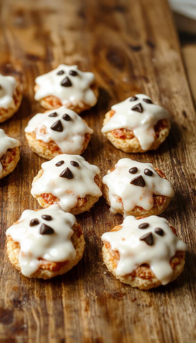 A close-up of four mini ghost-shaped pizzas on a black slate platter. The pizzas have golden-brown crusts with white cheese molded into ghost shapes, featuring black olive eyes. The background is dark, highlighting the playful and spooky appearance of the pizzas, with a few ghostly cheese drapes and a slight sheen from melted cheese.