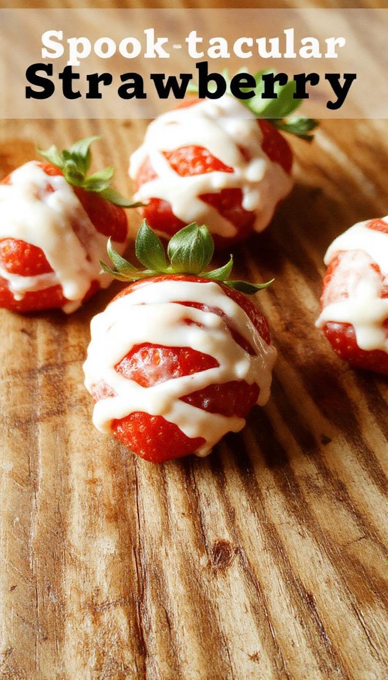 A close-up of cute Halloween strawberry treats featuring fresh strawberries wrapped partially in white chocolate that resemble mummies, with small googly eyes adding a playful touch. The treats are arranged on a festive orange and black Halloween-themed platter, with some wrapped strawberries standing upright and others lying flat, showcasing their glossy coating and detailed mummy bandages.