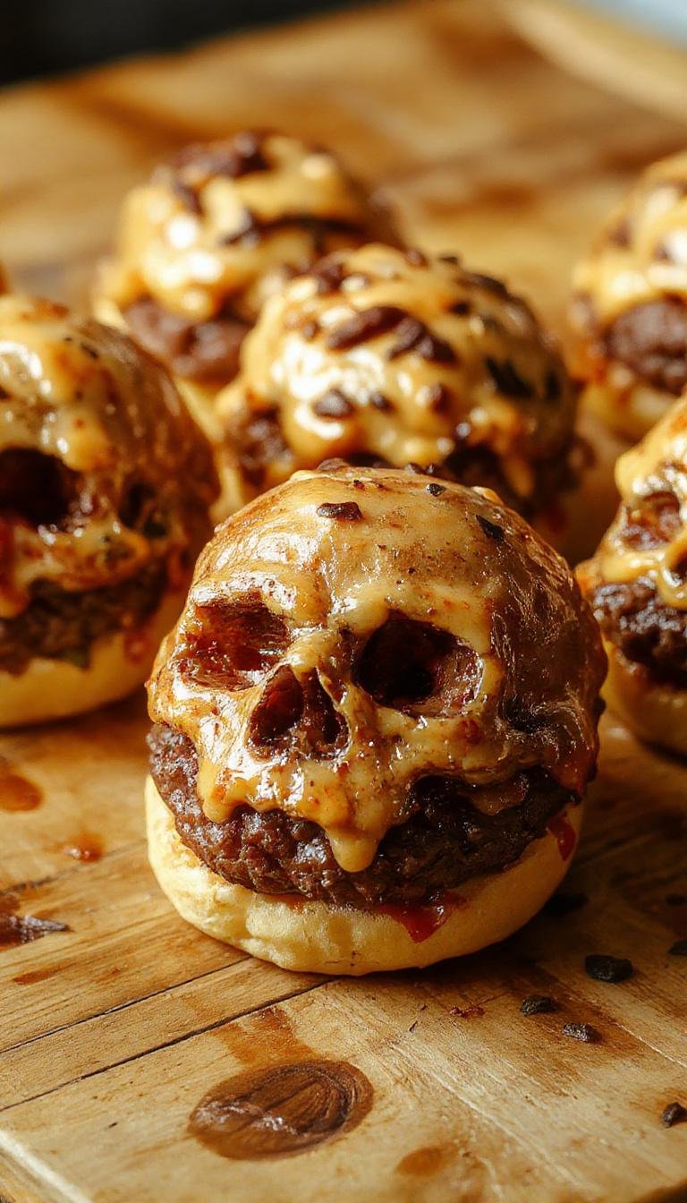 A plate featuring creatively shaped cheeseburger skulls with crispy lettuce, melted cheese, and sesame seed buns, arranged on a dark serving platter with Halloween-themed decorations in the background. The skulls have detailed facial features crafted from toppings, giving a spooky yet appetizing appearance, with a textured cheeseburger look emphasizing the crispy edges and gooey cheese.