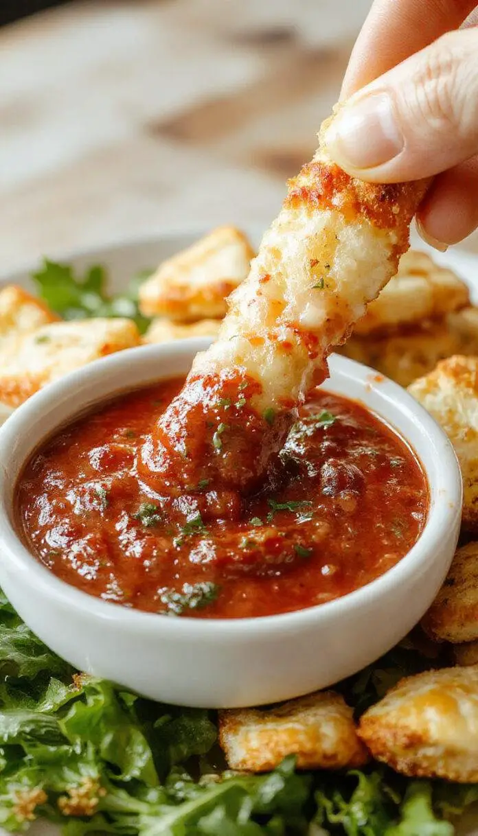 A platter of spooky breadstick bones shaped like small crossed bones, topped with melted cheese and crispy edges. In the center, a small bowl of vibrant red marinara sauce resembles blood for dipping. The breadsticks are arranged on a dark slate plate, garnished with a sprinkle of herbs for a festive touch. The presentation is playful and mouthwatering, perfect for a Halloween party.