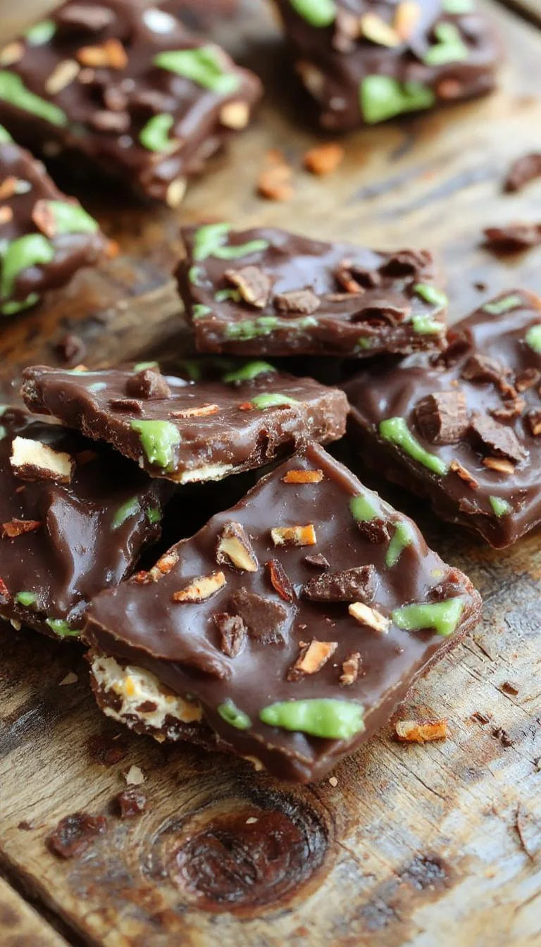 A rectangular piece of dark chocolate bark decorated with white melting chocolate in the shape of a spooky witch silhouette, with candy eyes and orange sprinkles creating a festive Halloween theme, presented on a rustic wooden surface.