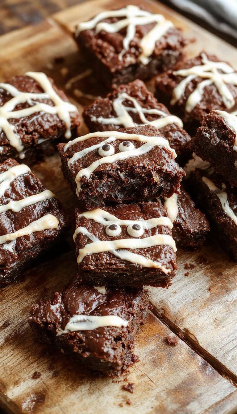 A close-up of rectangular fudgy brownies decorated as mummies with creamy white frosting wrapped around the edges, with two round candy eyes peeking out on top. The brownies are arranged on a black platter, contrasting with the white frosting, creating a spooky yet playful Halloween presentation.