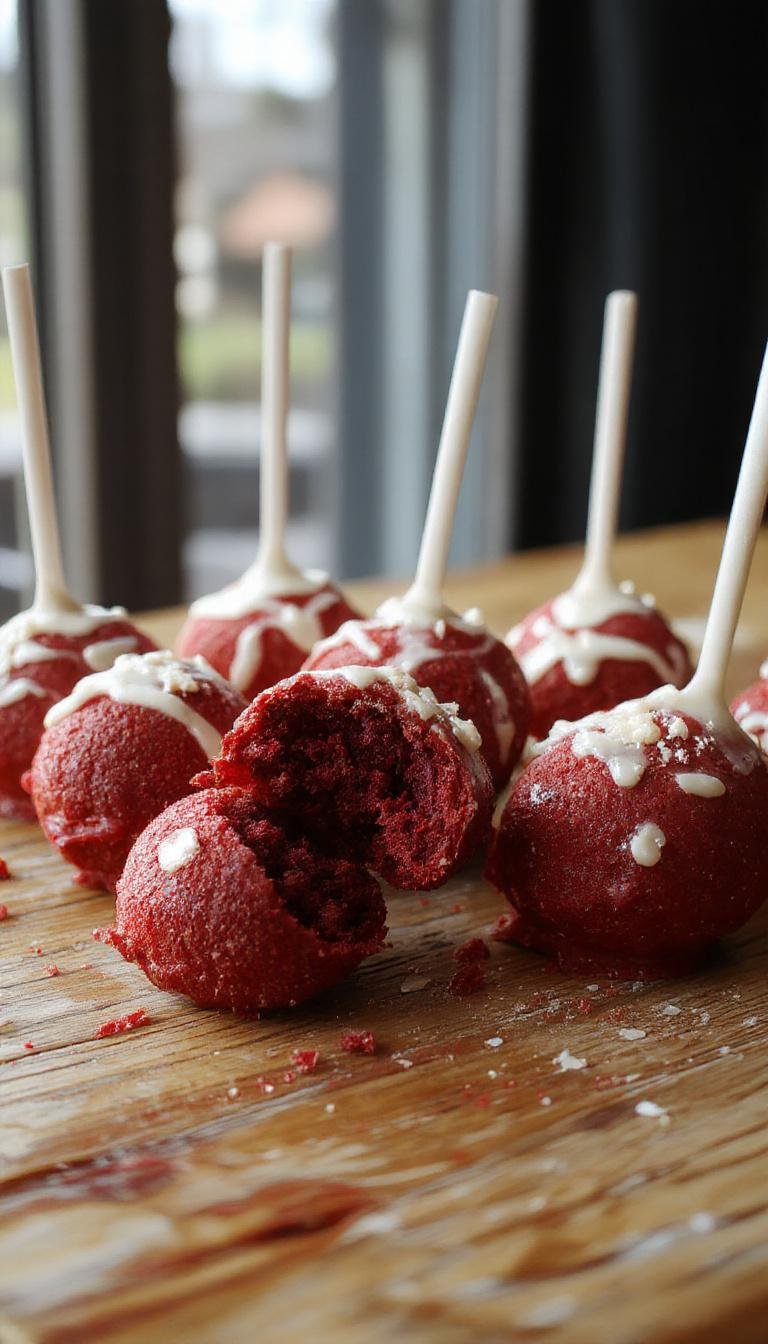 A close-up of spooky red velvet cake pops decorated for Halloween, featuring vibrant red cake balls coated in rich red icing with black and orange sprinkles, displayed on a white platter with Halloween-themed decorations in the background.
