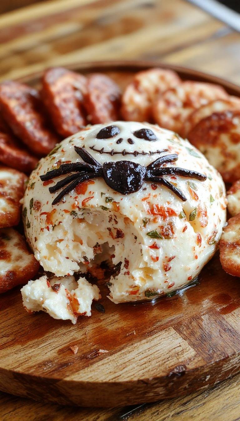 A spooky Skellington cheese ball resembling a skull with detailed facial features, garnished with chopped herbs, and decorated with pretzel sticks as arms and a spider-shaped garnish on top. The cheese ball is presented on a dark slate platter, with a Halloween-themed backdrop featuring orange and black decorations, creating a festive and eerie ambiance.