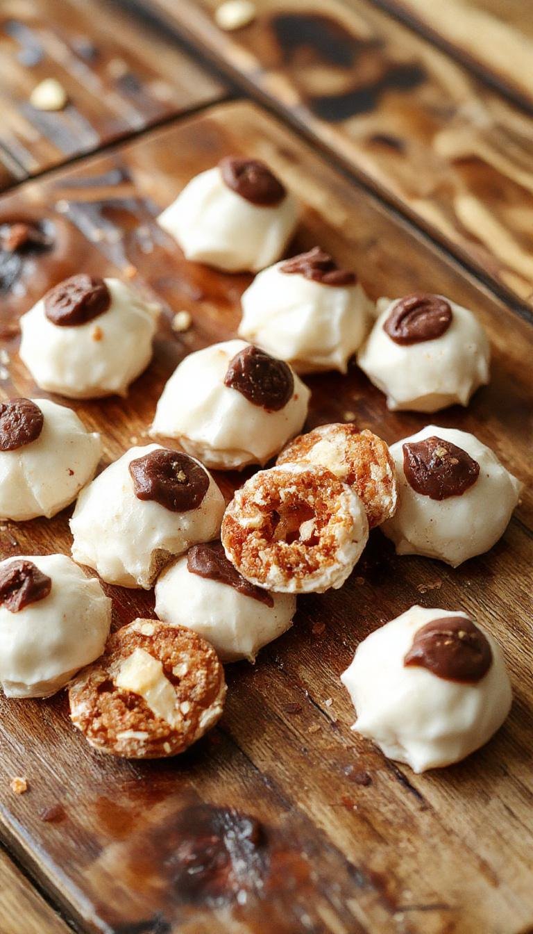 A close-up of spooky eyeball-shaped treats arranged on a dark rectangular plate. Each eyeball features a white base with a red, bloodshot appearance, topped with a realistic, dark brown or black pupil. The textured surface mimics the look of an actual eyeball, with some showing slight misalignments to enhance the eerie effect. The presentation is minimalist with a dark background to highlight the grisly details of the treats.