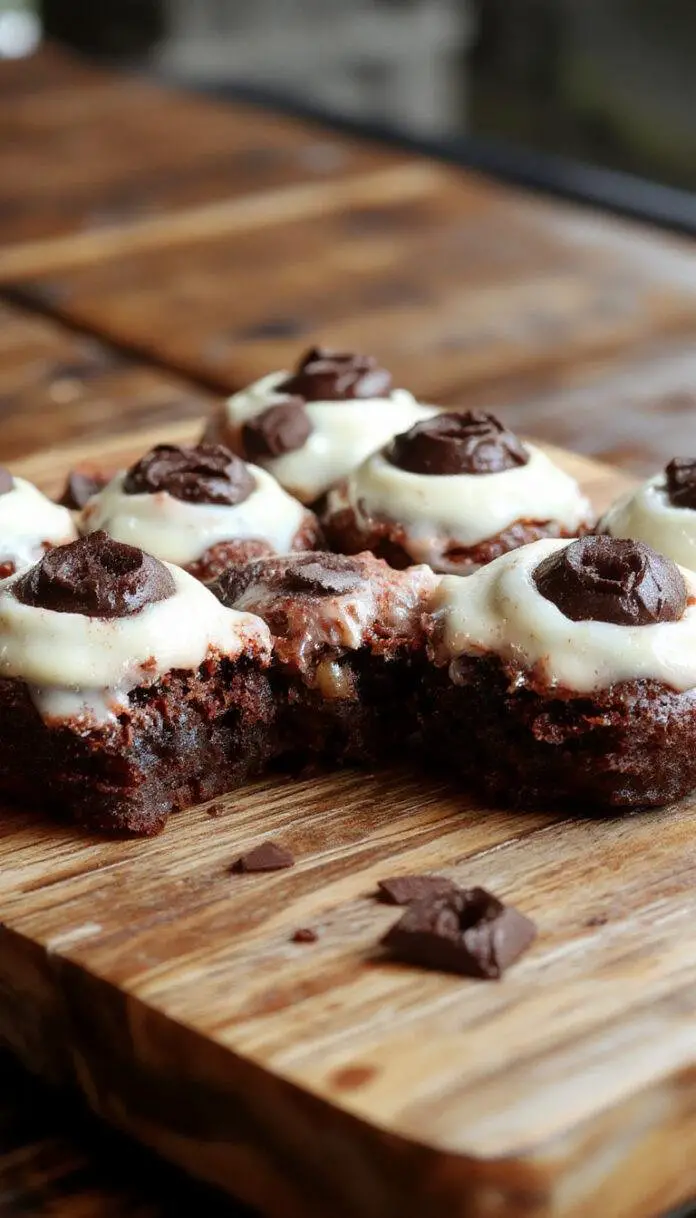 A close-up of spooky eyeball brownies on a dark plate. Each brownie features a round, bloodshot eyeball design with red jelly or icing as the 'blood vessels' and a bright white or cream-colored 'sclera' surrounding a dark, round 'pupil'. The compositions highlight the eerie, realistic eye effects with glossy textures and vivid colors, perfect for Halloween-themed treats.