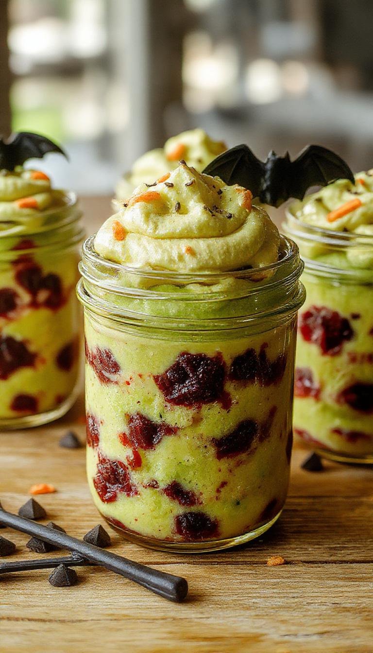 A set of transparent glass jars filled with layered Halloween-themed dessert, featuring vibrant orange, deep purple, and dark black layers with sprinkles and spider web decorations on top, illuminated with warm lighting to emphasize the colorful layers and spooky details.