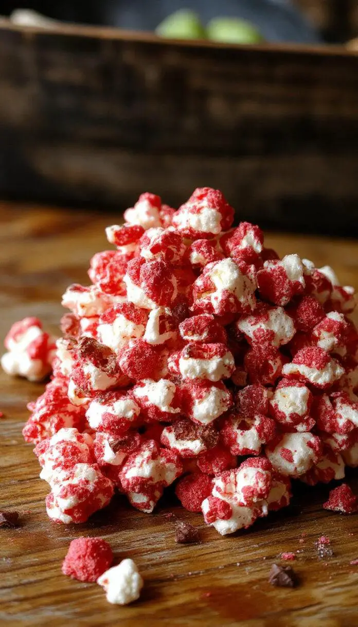 A close-up of a vibrant red velvet popcorn bowl filled with fluffy, crimson-colored popcorn coated with a glossy red glaze. The popcorn is piled high, the glistening coating catching the light, with some kernels spilling over the edge of a white ceramic bowl. The background features dark Halloween-themed decorations, enhancing the spooky yet appetizing presentation.
