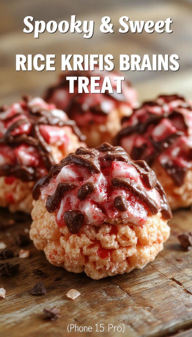 A close-up of rice krispies treats shaped like a spooky brain, coated in red and pink icing to resemble brain folds, with splashes of white marshmallow bits and creepy candy decoration on a dark serving plate.