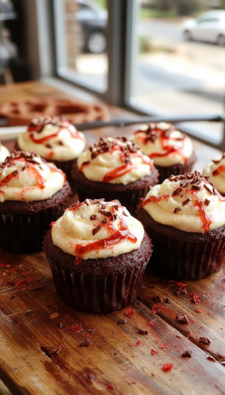 A close-up of Halloween vampire cupcakes displaying vivid red filling at the center, topped with dark chocolate frosting and decorated with small edible blood drips, arranged on a spooky themed platter with orange and black accents