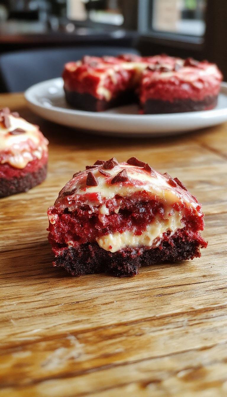 A close-up of a spooky Halloween-themed vampire bite red velvet cheesecake decorated with fondant vampire fangs and red gel blood drips, topped with a swirl of cream cheese frosting and edible glitter, on a dark, rustic wooden platter