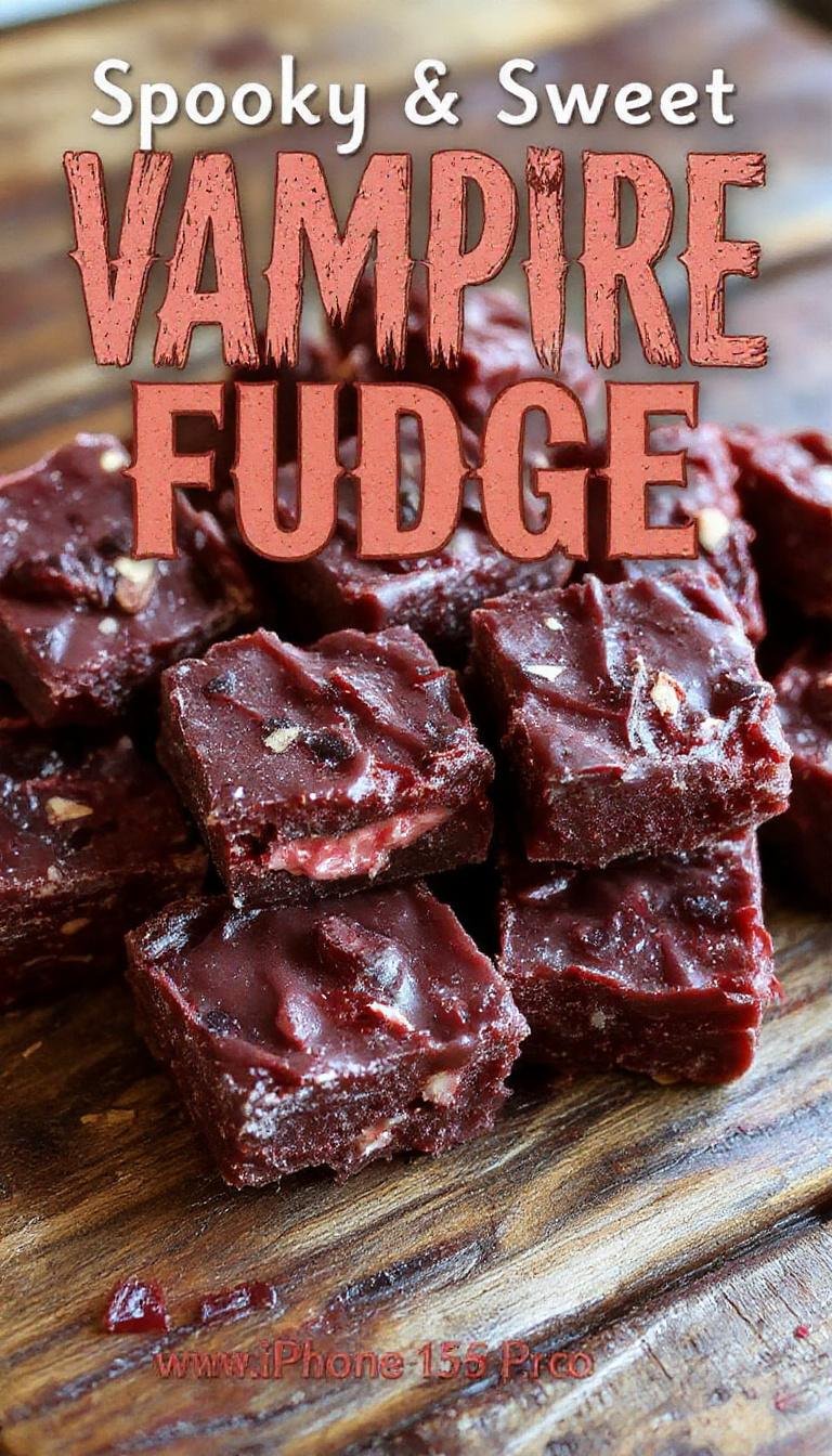 A close-up of Vampire Fudge arranged on a dark rectangular plate. The fudge is glossy, deep red with streaks of white resembling vampire blood and fangs. Garnished with edible eyes and small chocolate teeth, the piece shows a layered texture and a shiny surface. The background is black, enhancing the vibrant red and white hues for a spooky Halloween effect.