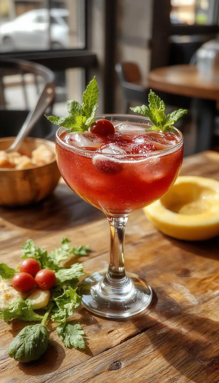 A vibrant mocktail in a tall, clear glass garnished with a red cherry and a spooky black straw, with a dark red hue resembling blood. The drink is surrounded by Halloween-themed decorations like tiny pumpkins and black cobwebs, creating a festive and eerie atmosphere.