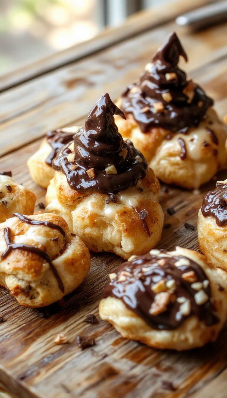A close-up of a whimsical witch hat-shaped crescent roll on a rustic wooden platter. The golden-brown pastry forms a conical hat with a dark chocolate brim and a small fondant buckle. The background features a dimly lit autumn-themed table with subtle Halloween decorations, creating a cozy, festive atmosphere.