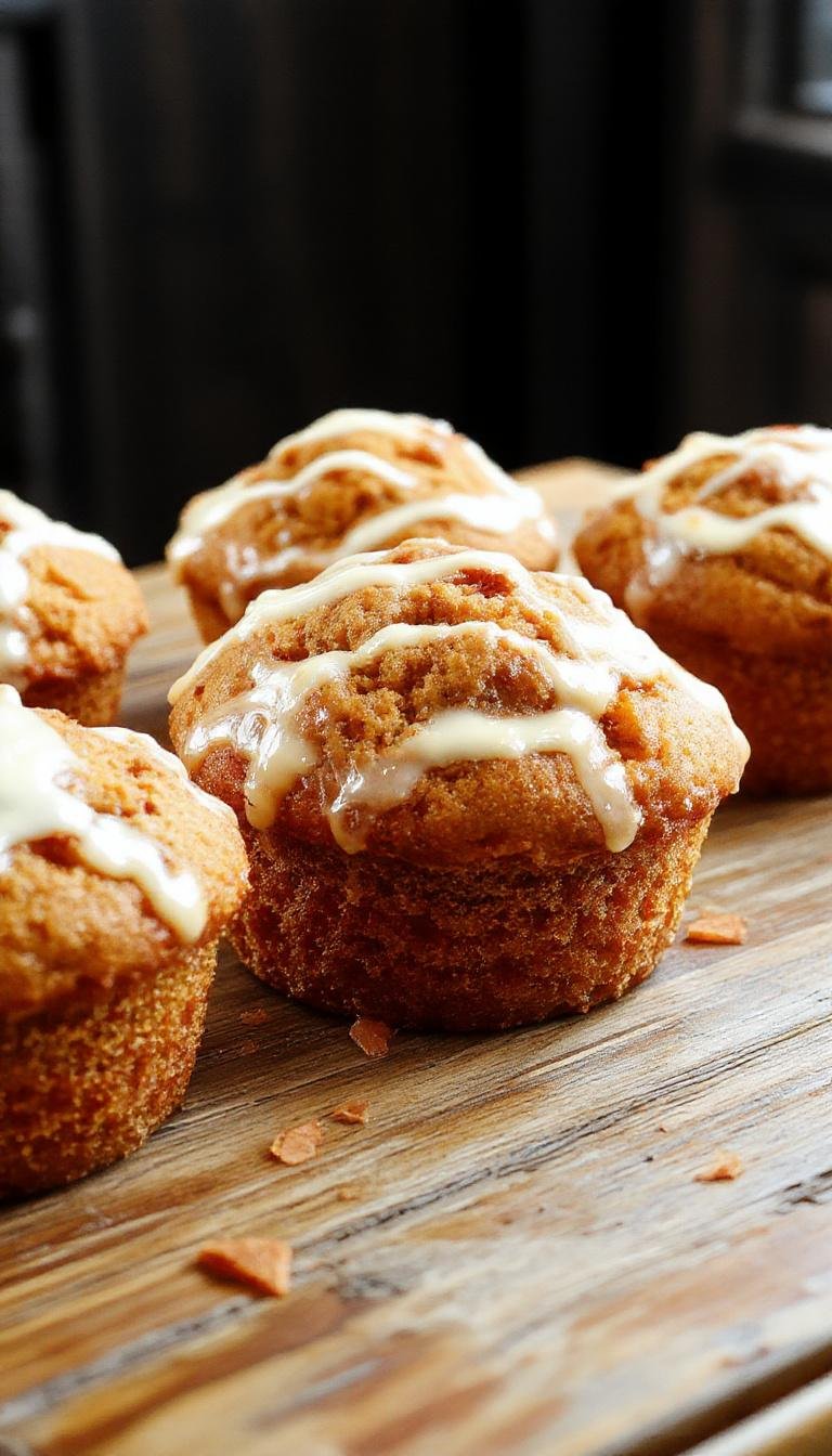 A close-up of a freshly baked Starbucks Copycat Pumpkin Cream Cheese Muffin on a rustic wooden platter, golden-brown with a swirl of cream cheese filling visible at the top, garnished with a light dusting of cinnamon and sugar. The muffin's moist crumb and slightly cracked surface hint at its tender texture, with a blurred autumn-themed background adding warmth to the scene.