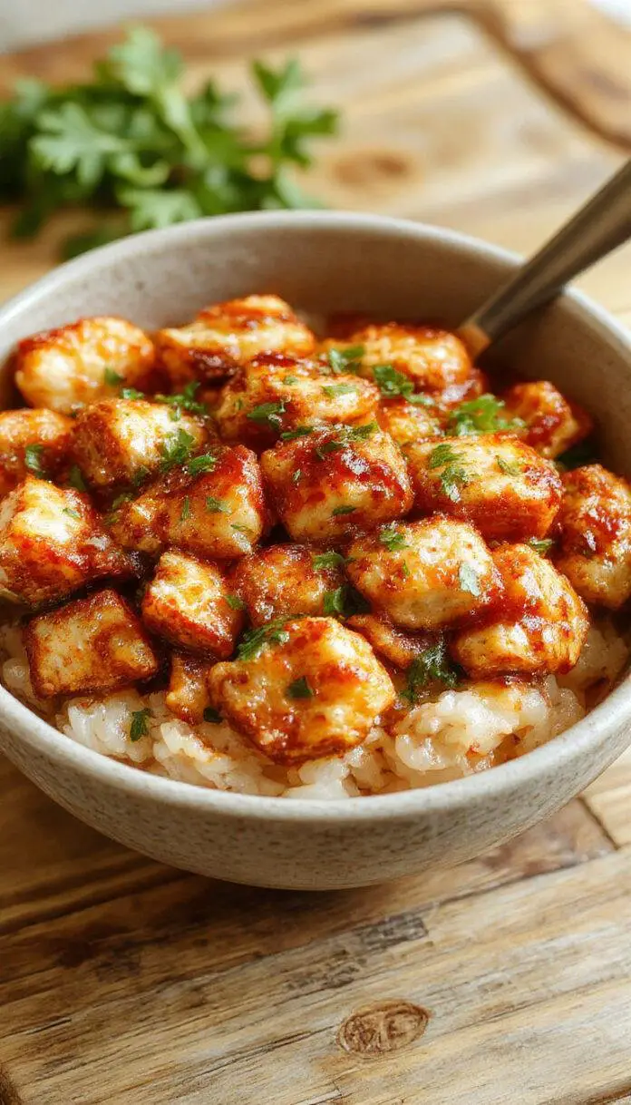 A vibrant bowl featuring tender slices of glazed sticky chicken arranged atop fluffy white rice, garnished with chopped green onions and sesame seeds. The dish is beautifully plated with the chicken glistening with a sticky glaze, surrounded by colorful vegetables like sliced cucumbers and shredded carrots, all sitting in a modern, minimalist bowl against a neutral background.