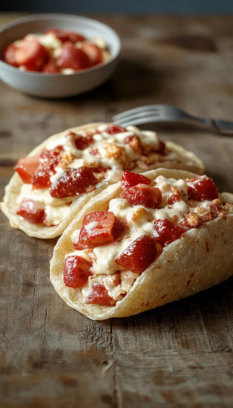 A vibrant plate featuring strawberry crunch cheesecake tacos with golden-brown taco shells filled with creamy pink cheesecake, topped with chopped fresh strawberries and crunchy strawberry cereal bits, garnished with a dusting of powdered sugar and a drizzle of strawberry sauce, all arranged elegantly on a white ceramic platter