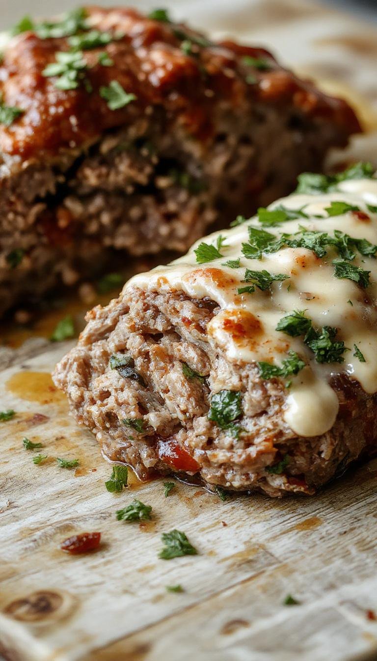A savory stuffed Italian meatloaf sliced open to reveal a vibrant filling of melted cheese, colorful bell peppers, and herbs, all topped with a rich tomato glaze, presented on a rustic wooden board with fresh herbs garnishing the plate.