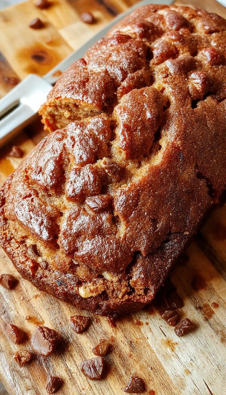 A freshly baked loaf of super moist banana bread rests on a rustic wooden surface. The golden-brown crust is slightly cracked, revealing a tender, moist interior with visible banana chunks. The loaf is sliced to showcase its soft, crumbly texture, with a few banana slices garnishing the top for added appeal.
