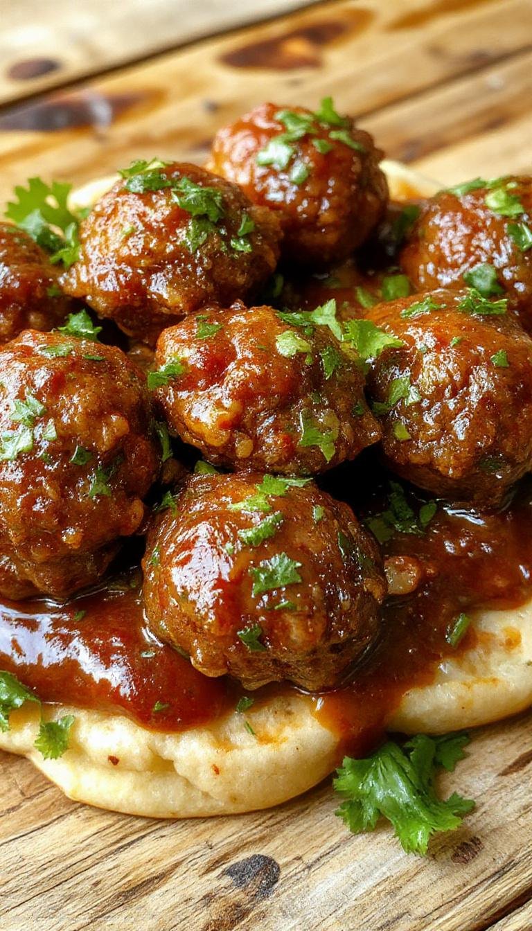 A close-up of golden-brown meatballs glazed with glossy sweet chili sauce, garnished with chopped green onions on a white plate with a serving spoon.