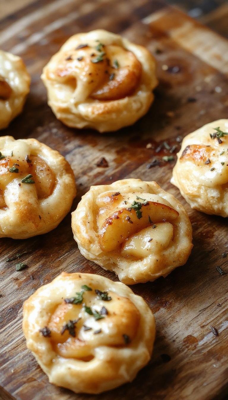 Golden-brown puff pastry squares topped with melted creamy Brie cheese, thin apple slices, and a sprinkle of herbs. The bites are arranged on a white plate with a rustic wooden background, highlighting their flaky texture and inviting appearance.