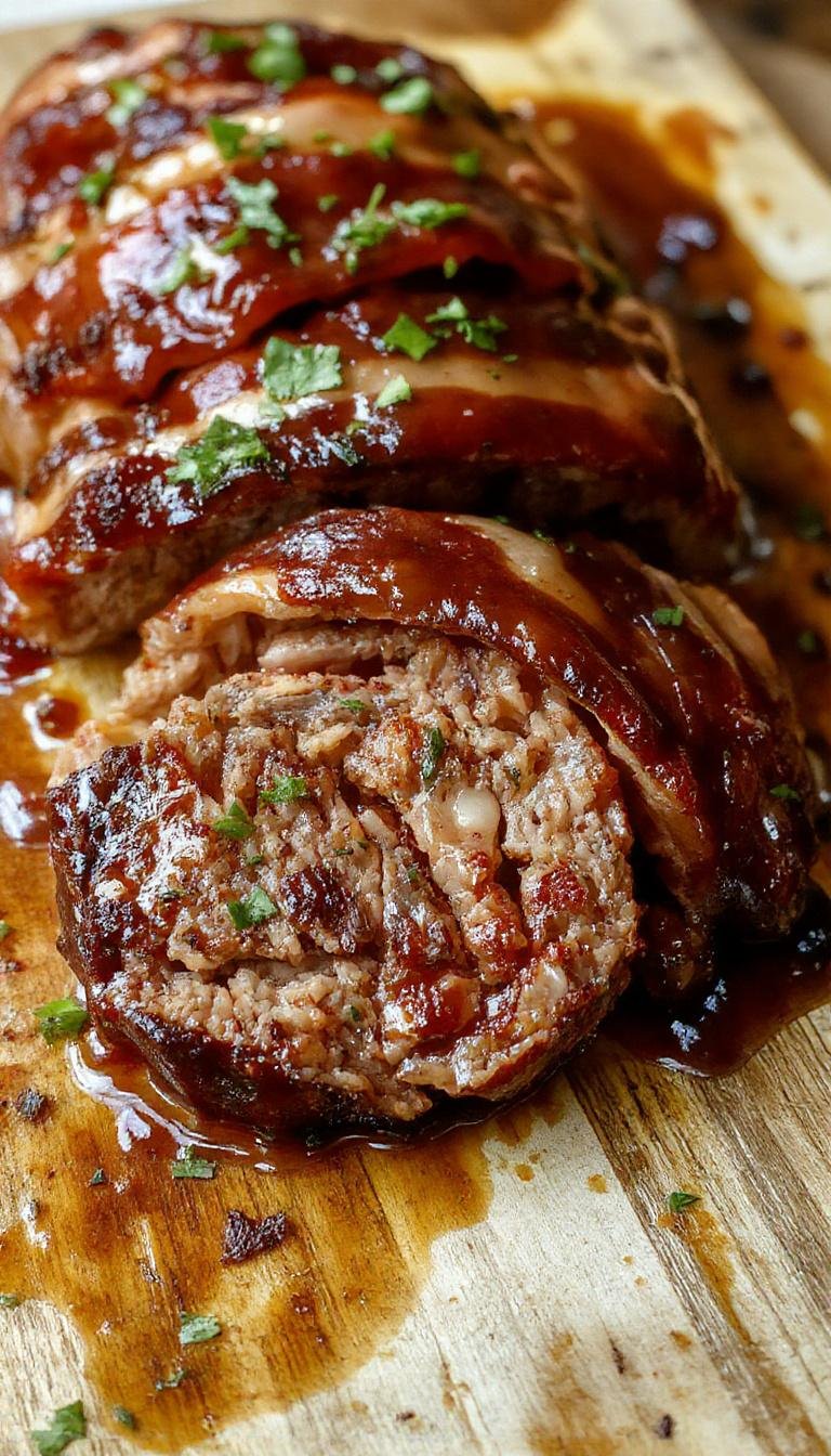 A hearty, golden-brown meatloaf wrapped in crispy glazed bacon slices, topped with a glossy glaze, presented on a rustic wooden platter garnished with fresh herbs. The bacon is beautifully rendered with crispy edges and the meatloaf shows a moist, well-cooked interior with visible herbs and spices.