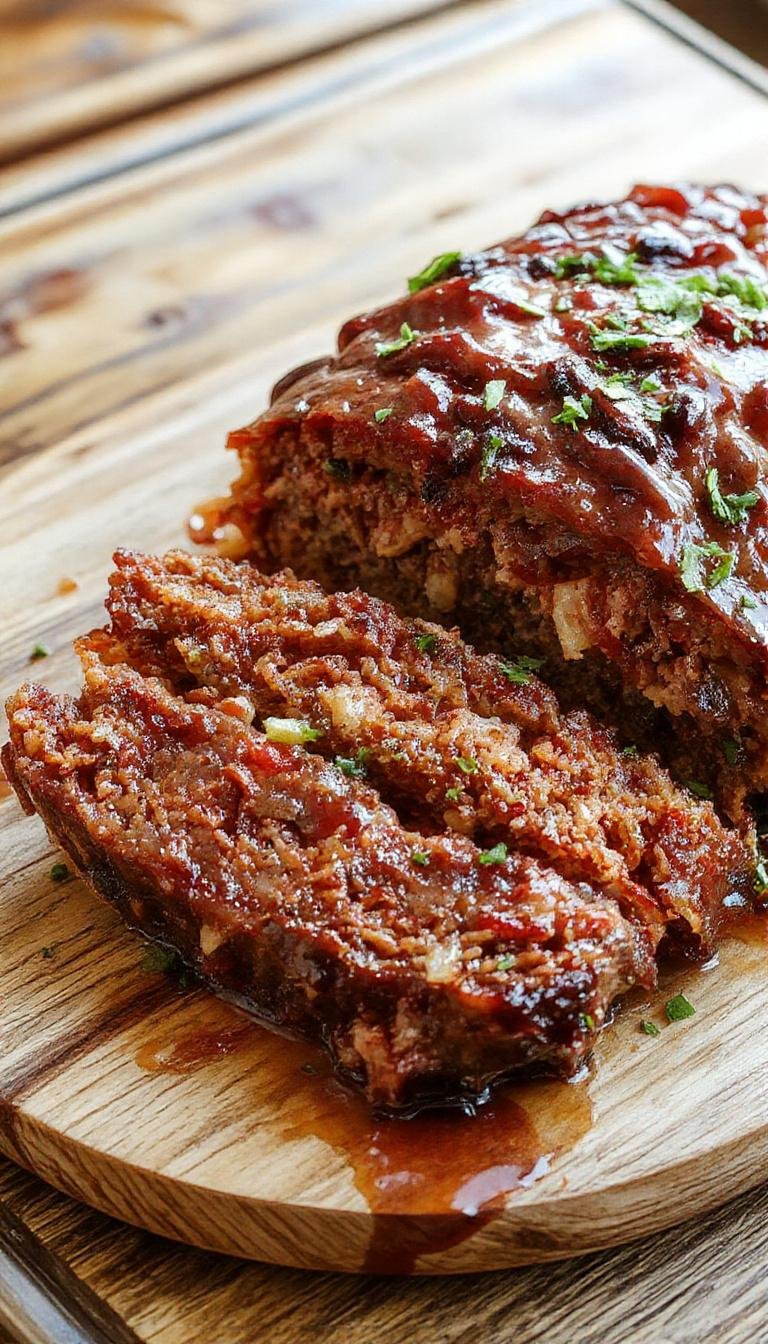 A sliced meatloaf with a glossy caramelized glaze on top, served on a white plate garnished with fresh herbs. The interior reveals moist, finely textured meat, contrasted by the shiny exterior, with a slight crust that highlights the savory glaze.