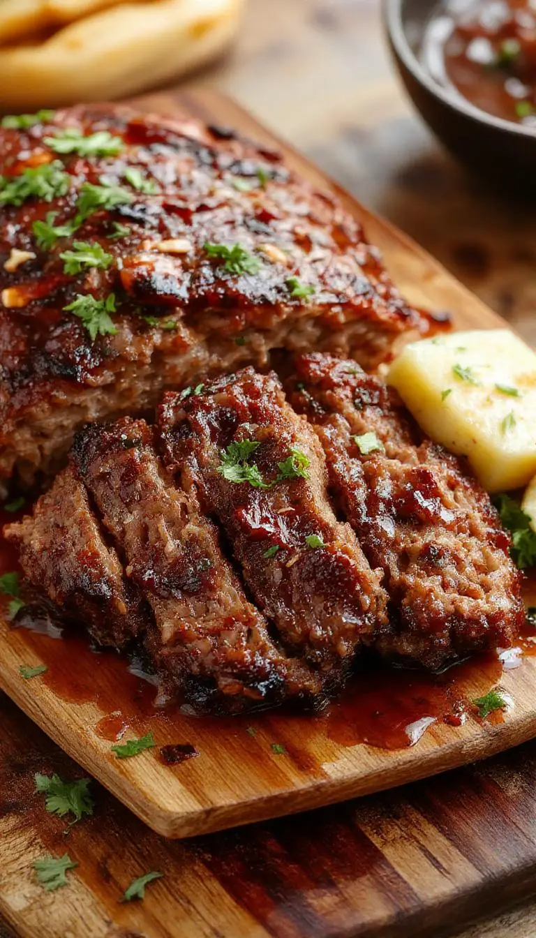 A thick slice of Korean BBQ meatloaf displaying a glazed, caramelized top with a slightly crispy edge. The interior reveals a moist, well-seasoned mix with visible bits of green herbs and spices, served on a stylish white plate with a side of fresh greens and a drizzle of spicy sauce. The presentation emphasizes the rich textures and vibrant flavors.