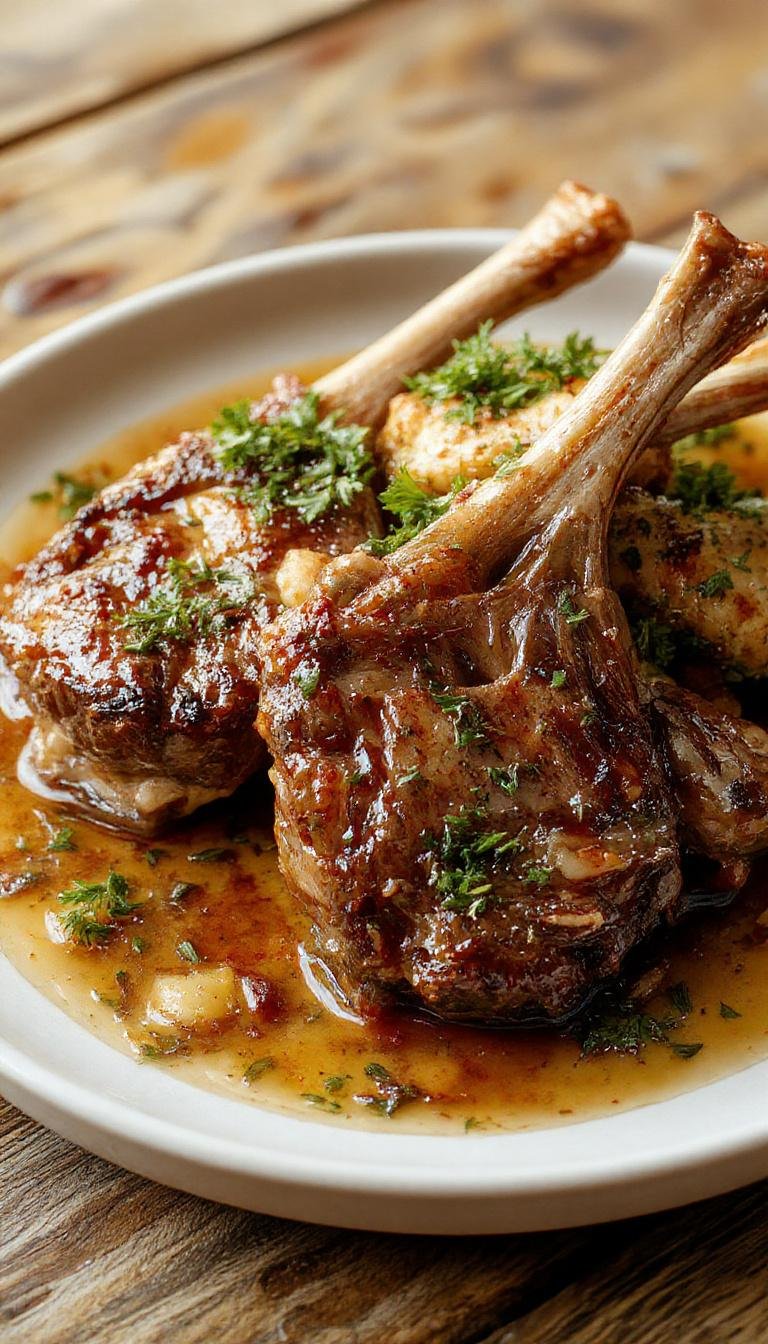 A close-up of perfectly cooked oven-baked lamb chops with a golden-brown crust, arranged neatly on a white porcelain plate garnished with fresh herbs. The lamb chops are thick, juicy, and glistening, with visible grill marks and a tender texture. In the background, there are side elements like roasted vegetables and a sprig of rosemary, enhancing the presentation and emphasizing a gourmet meal.
