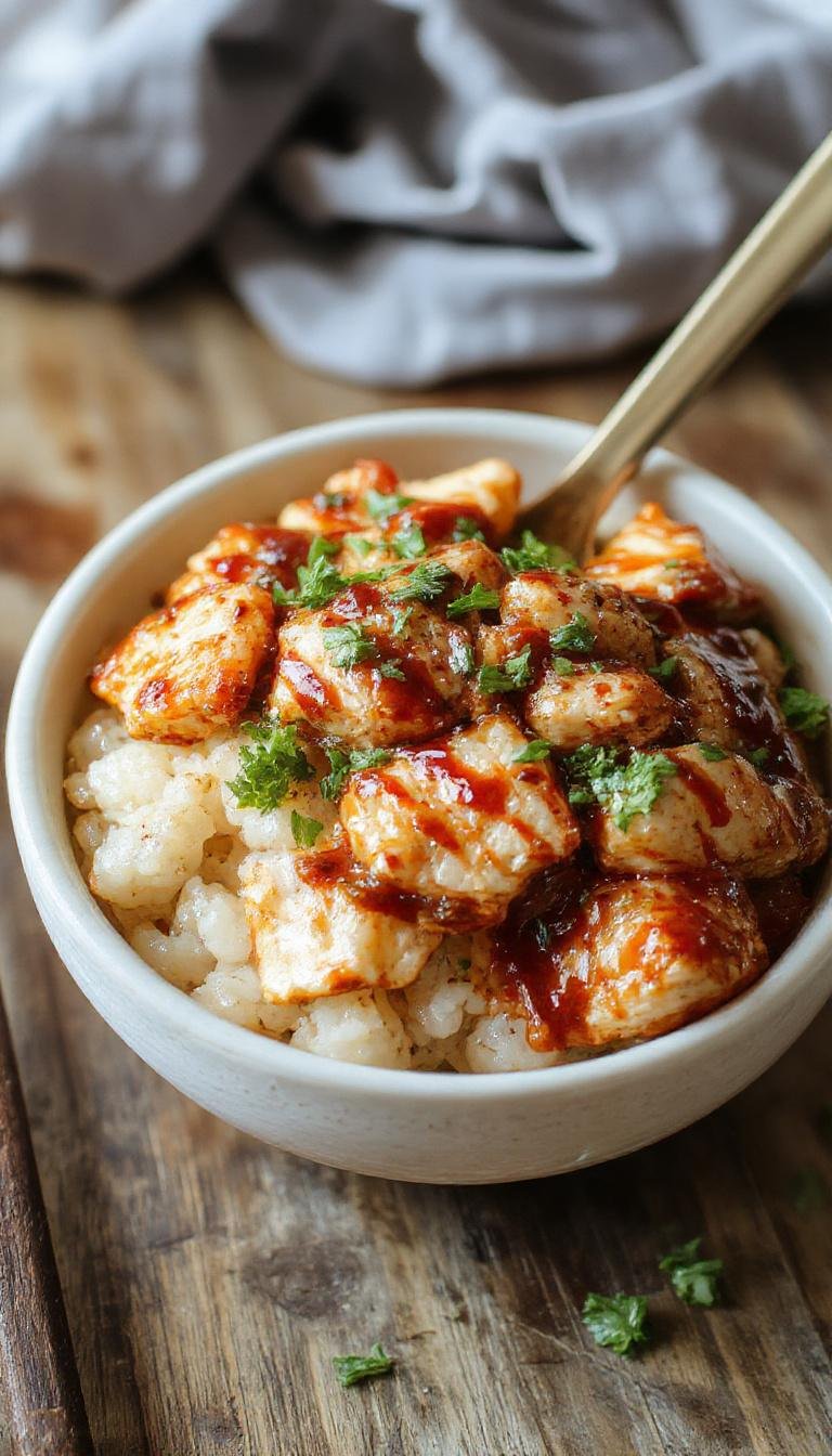 A vibrant bowl filled with glazed teriyaki chicken pieces atop fluffy white rice, garnished with sliced green onions and sesame seeds. The chicken has a glossy, caramelized exterior, and the bowl is arranged with colorful steamed vegetables like carrots and snap peas, creating an inviting and balanced presentation.