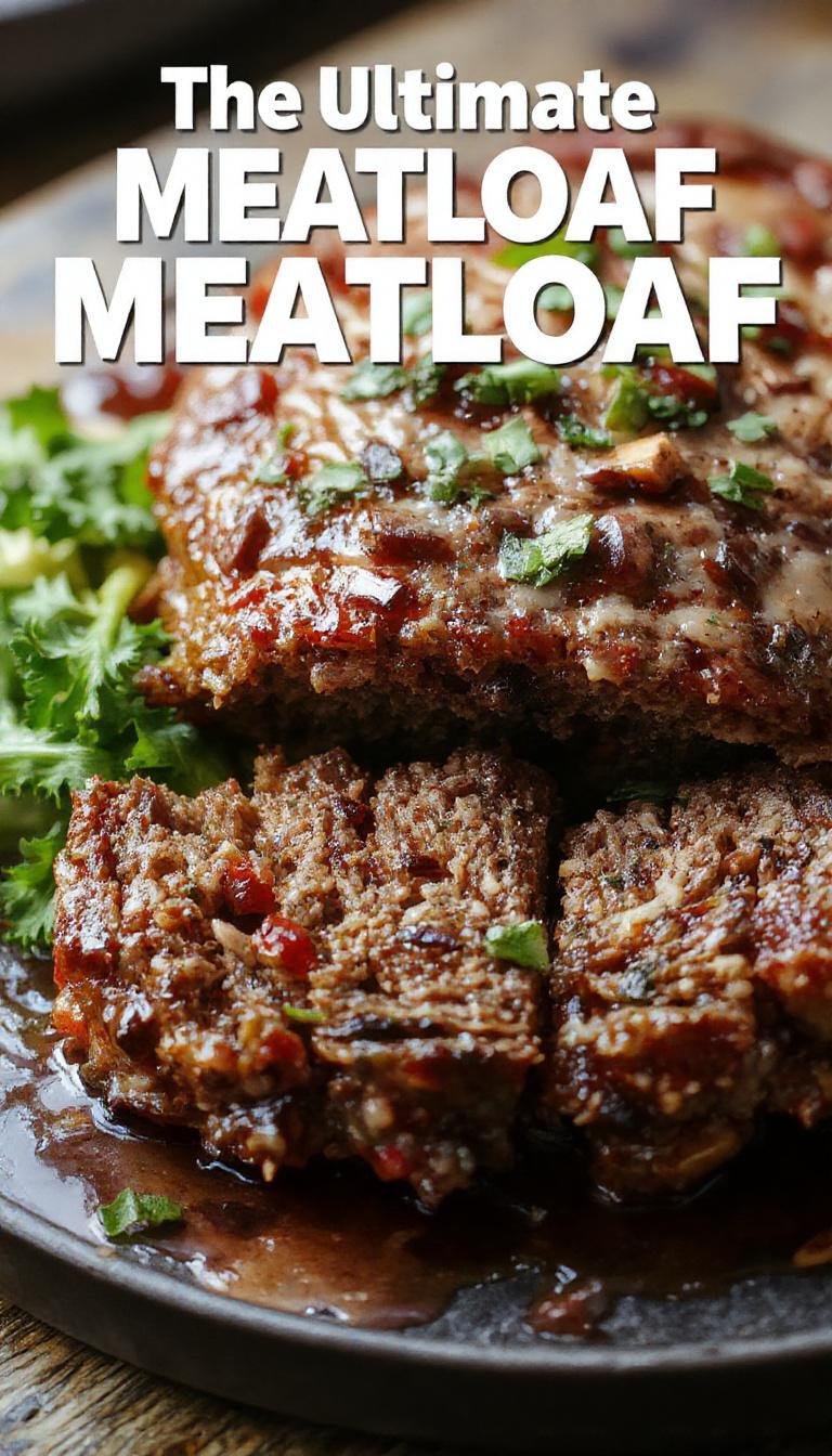 A sumptuous meatloaf sliced open revealing a moist, savory interior dotted with herbs and vegetables, topped with a glossy thick tomato glaze, served on a rustic wooden platter with fresh herbs garnishing the sides.