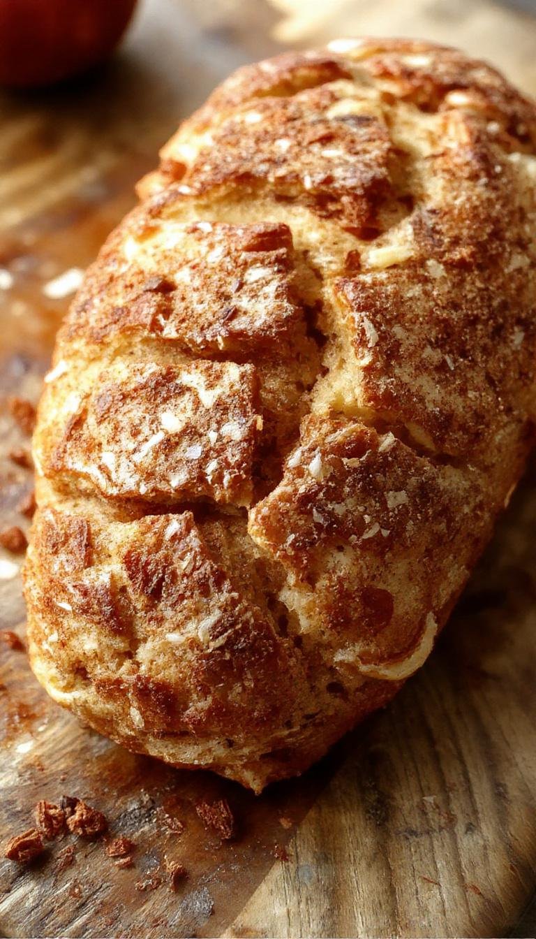 A sliced warm cinnamon apple bread loaf featuring a golden-brown crust with visible cinnamon swirls and tender apple chunks. The slices are arranged on a rustic wooden serving platter, with a dusting of powdered sugar and a few cinnamon sticks nearby. The bread's interior reveals a moist, dense crumb speckled with apple pieces and cinnamon spice, creating an inviting and cozy presentation.