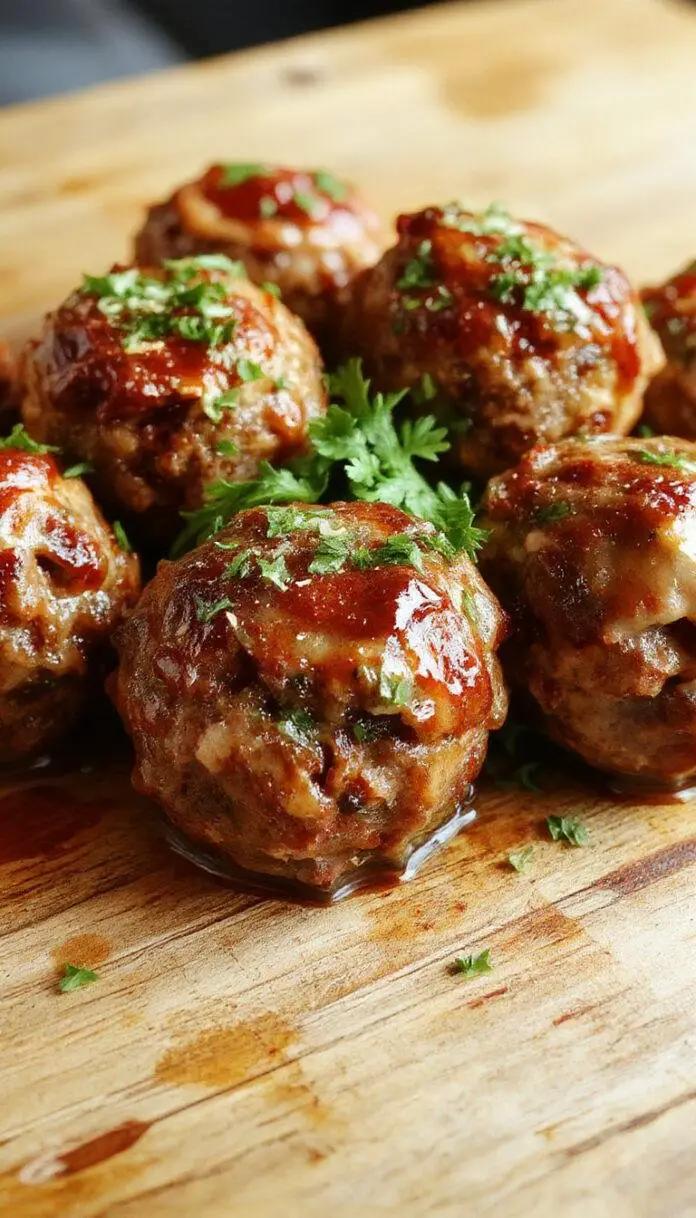 A close-up of vibrant brown mushroom and walnut meatballs arranged on a white plate, garnished with fresh herbs. The meatballs have a textured, slightly crispy exterior with visible mushroom and walnut chunks. The background showcases a rustic wooden table with a dipping sauce and scattered herbs, emphasizing the wholesome, plant-based appeal.
