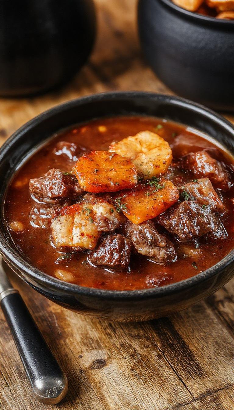 A dark, rustic cauldron filled with chunks of tender beef, carrots, potatoes, and herbs, steam rising from the hot stew, set against a festive Halloween backdrop with candles and Halloween decorations.