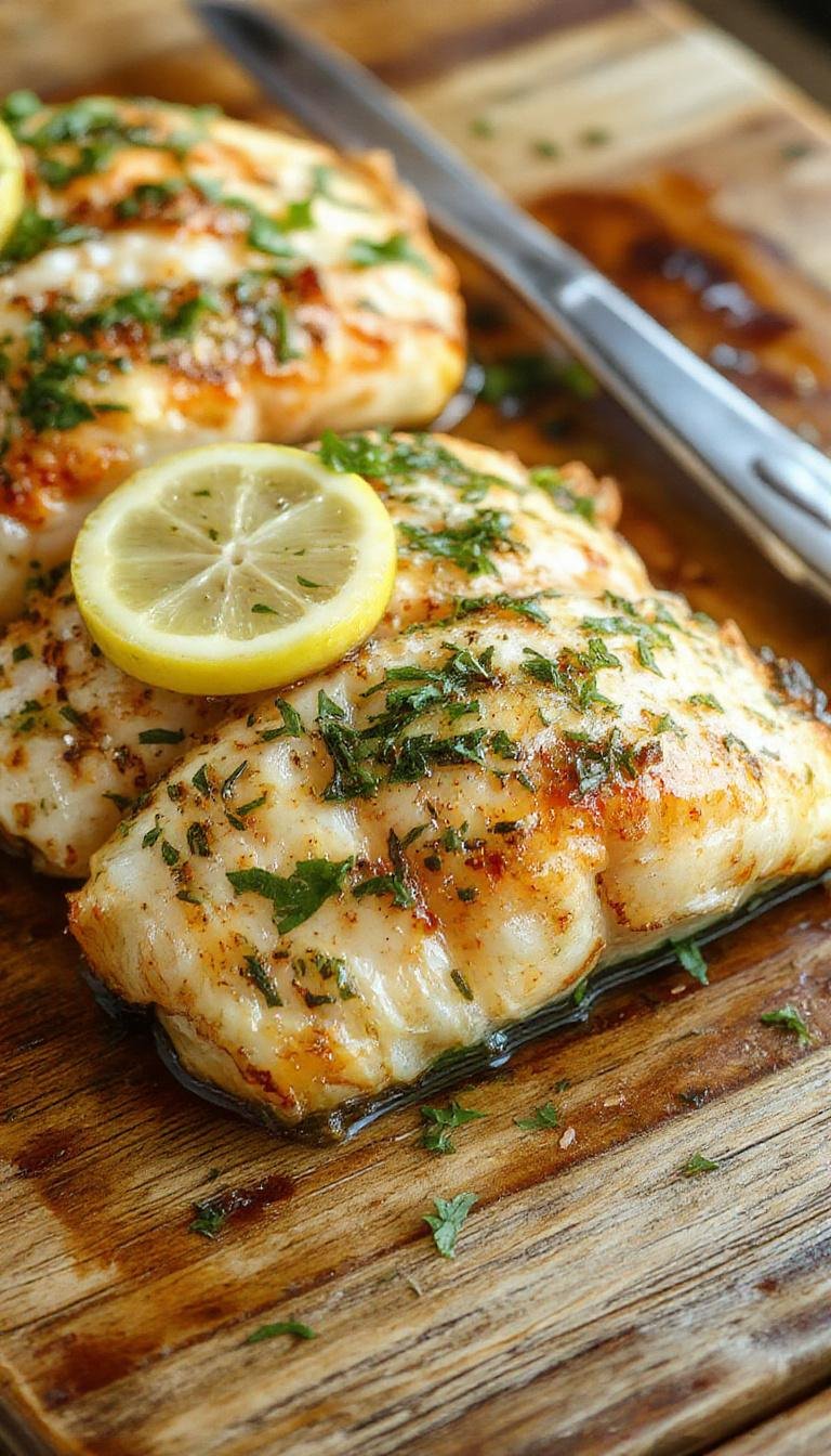 A beautifully plated baked fish fillet garnished with fresh lemon slices and sprigs of herbs, served on a white ceramic plate with a drizzle of lemon juice. The fish has a golden, slightly crisp exterior with visible herbs and spices, set against a rustic wooden table with vibrant lemon and herb accents in the background.