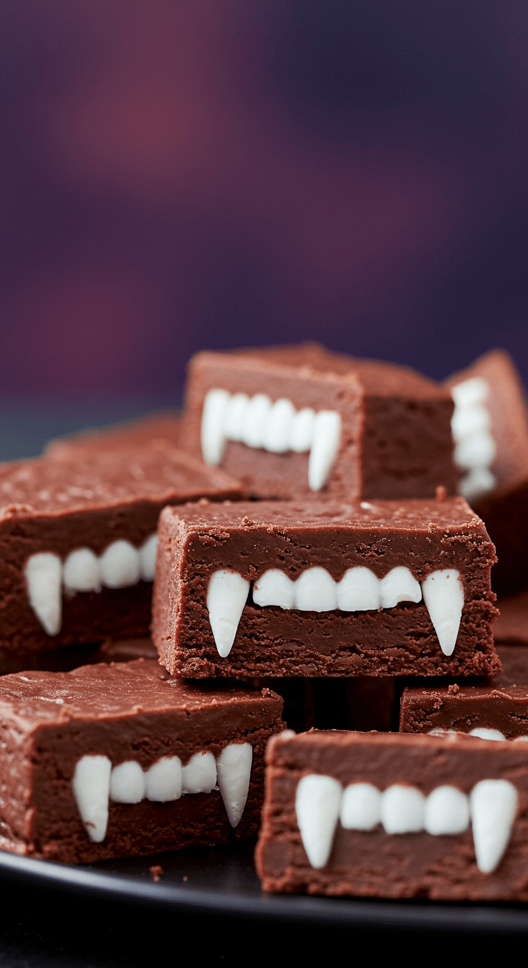 A close-up of Vampire Fudge arranged on a dark rectangular plate. The fudge is glossy, deep red with streaks of white resembling vampire blood and fangs. Garnished with edible eyes and small chocolate teeth, the piece shows a layered texture and a shiny surface. The background is black, enhancing the vibrant red and white hues for a spooky Halloween effect.