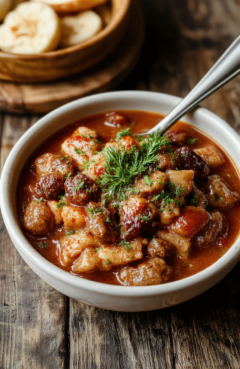 A rustic bowl of rich, deep-colored German goulash with tender chunks of beef, vibrant red sauce, and a sprinkle of fresh herbs, served on a wooden table with bread slices and a side of pickles, styled for a warm and inviting meal.