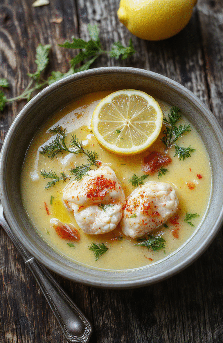 A vibrant bowl of Greek lemon chicken soup filled with shredded chicken, fresh lemon slices, and herbs, garnished with dill on a rustic wooden table, with a spoon and lemon wedge nearby, showcasing rich textures and bright colors.