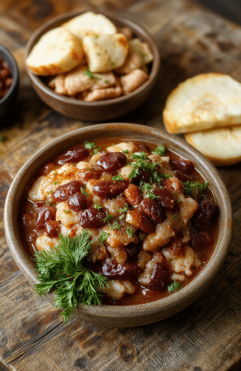 A vibrant plate of Louisiana red beans and rice featuring tender red beans, fluffy white rice, chopped green onions, and slices of smoked sausage on a rustic wooden table, with warm tones highlighting the hearty textures and colorful ingredients.